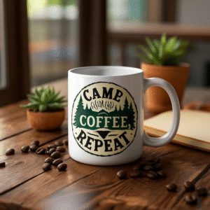 Camp Coffee Repeat Ceramic Mug - Perfect for Outdoor Lovers - 11oz & 15oz